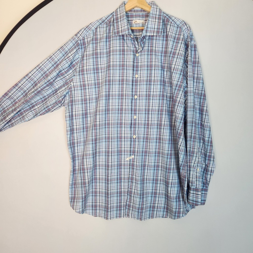 Peter Millar Shirt Mens Extra Extra Large XXL Blue Plaid Button Up 100% Cotton